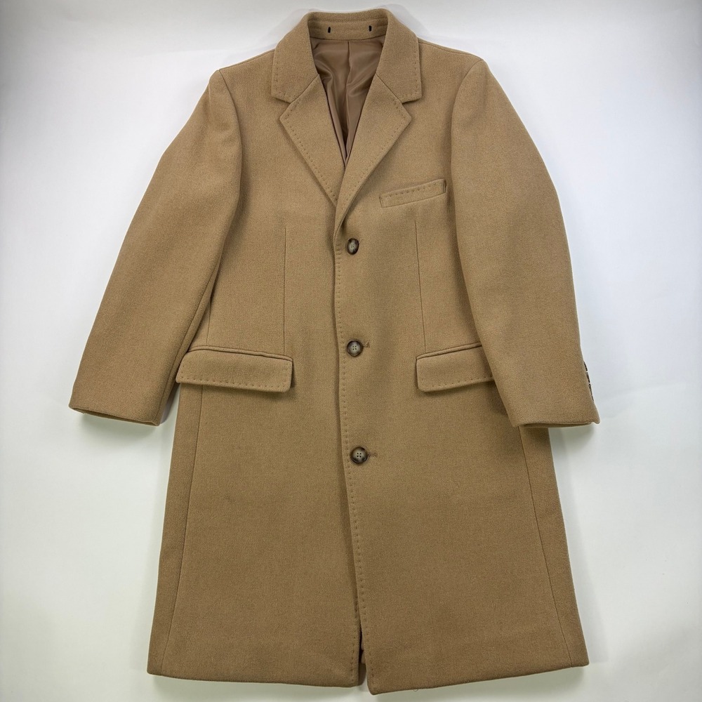 H&M Wool Blend Single Breasted Topcoat Mens Size M Camel Tan Long Overcoat